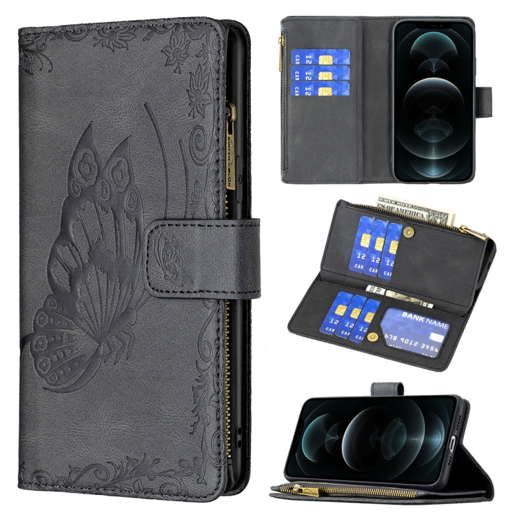 For iPhone 12 Flying Butterfly Embossing Pattern Zipper Horizontal Flip Leather Case with Holder & Card Slots & Wallet