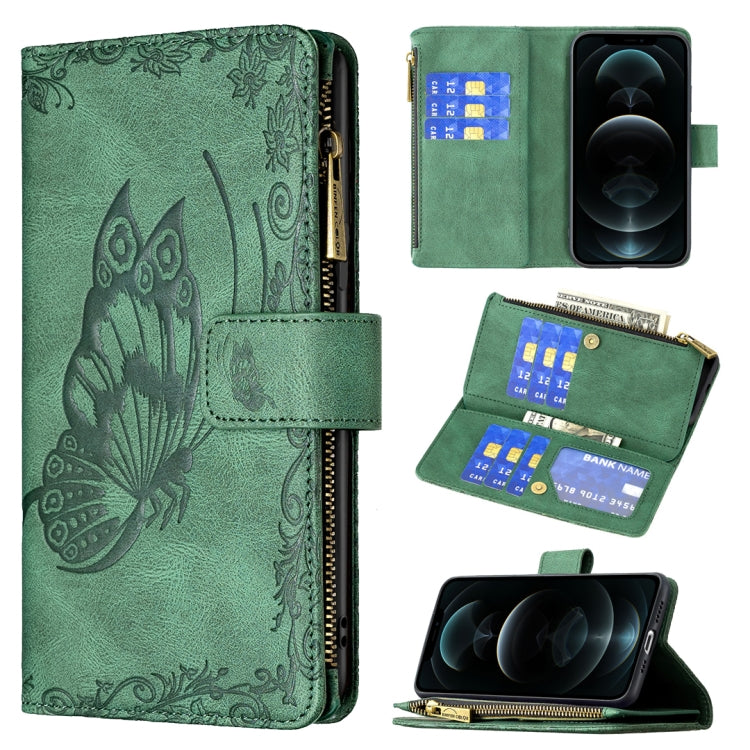 For iPhone 12 Flying Butterfly Embossing Pattern Zipper Horizontal Flip Leather Case with Holder & Card Slots & Wallet
