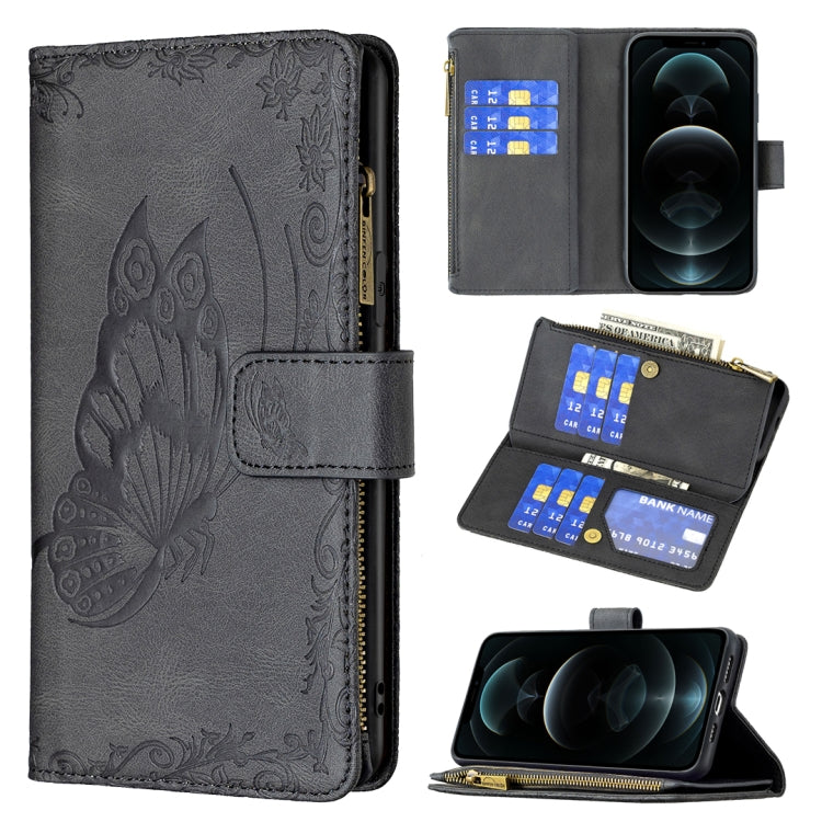 For iPhone 12 Pro Flying Butterfly Embossing Pattern Zipper Horizontal Flip Leather Case with Holder & Card Slots & Wallet