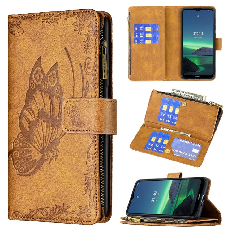 For Nokia 1.4 Flying Butterfly Embossing Pattern Zipper Horizontal Flip Leather Case with Holder & Card Slots & Wallet