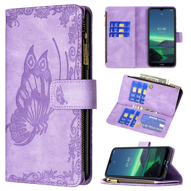 For Nokia 1.4 Flying Butterfly Embossing Pattern Zipper Horizontal Flip Leather Case with Holder & Card Slots & Wallet