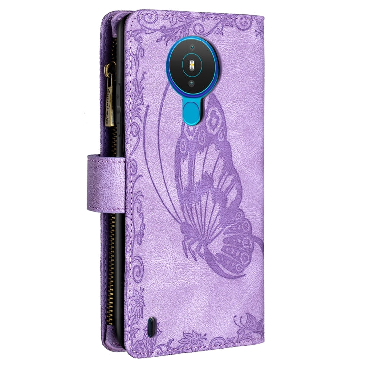 For Nokia 1.4 Flying Butterfly Embossing Pattern Zipper Horizontal Flip Leather Case with Holder & Card Slots & Wallet