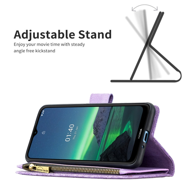 For Nokia 1.4 Flying Butterfly Embossing Pattern Zipper Horizontal Flip Leather Case with Holder & Card Slots & Wallet