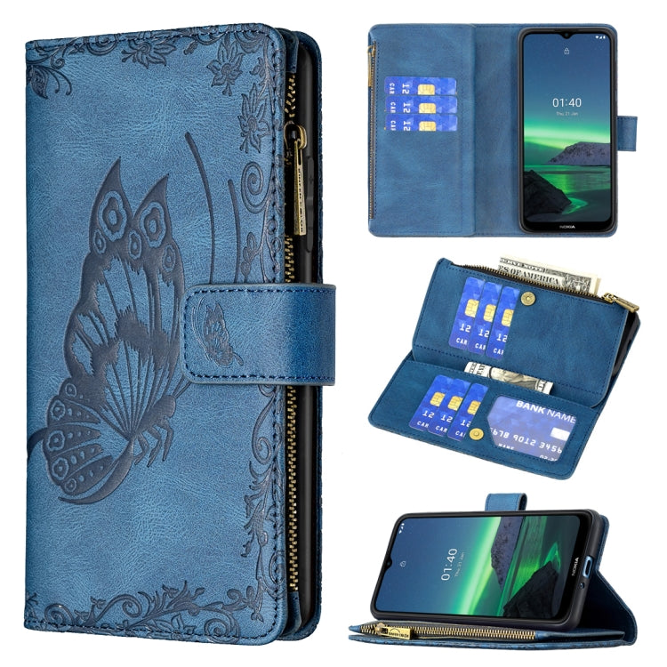 For Nokia 1.4 Flying Butterfly Embossing Pattern Zipper Horizontal Flip Leather Case with Holder & Card Slots & Wallet