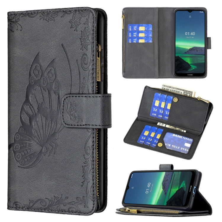 For Nokia 1.4 Flying Butterfly Embossing Pattern Zipper Horizontal Flip Leather Case with Holder & Card Slots & Wallet