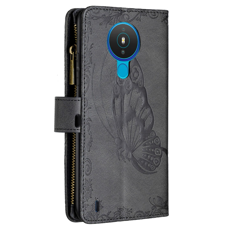 For Nokia 1.4 Flying Butterfly Embossing Pattern Zipper Horizontal Flip Leather Case with Holder & Card Slots & Wallet