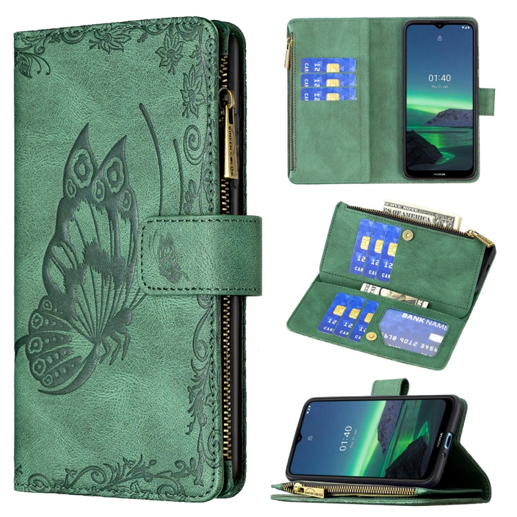 For Nokia 1.4 Flying Butterfly Embossing Pattern Zipper Horizontal Flip Leather Case with Holder & Card Slots & Wallet