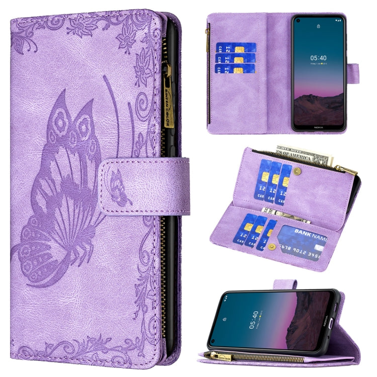 For Nokia 5.4 Flying Butterfly Embossing Pattern Zipper Horizontal Flip Leather Case with Holder & Card Slots & Wallet