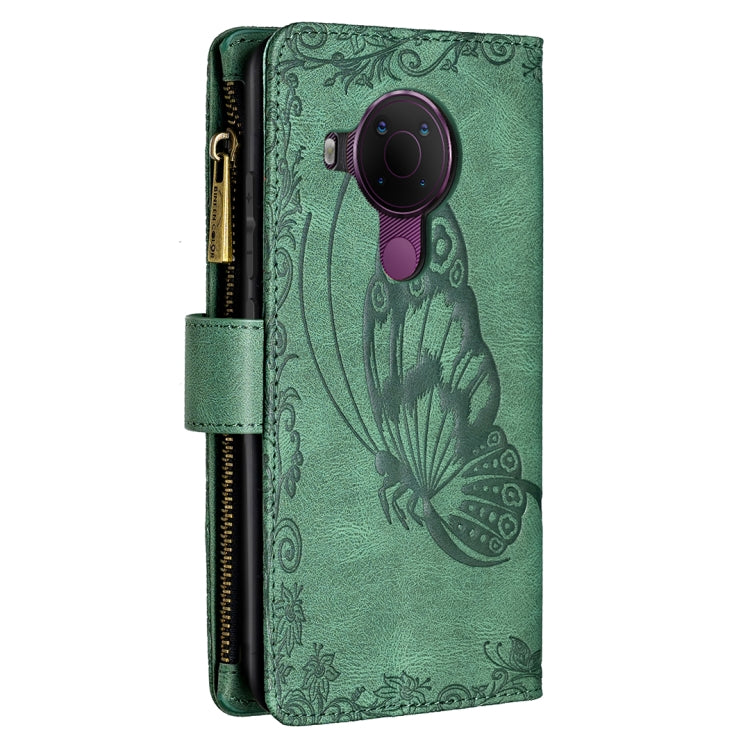 For Nokia 5.4 Flying Butterfly Embossing Pattern Zipper Horizontal Flip Leather Case with Holder & Card Slots & Wallet
