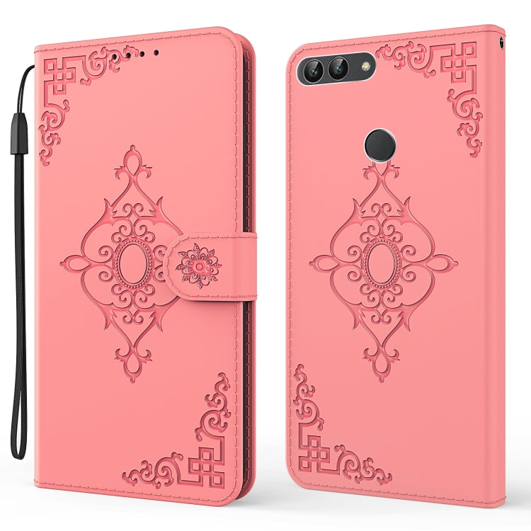 For Huawei P Smart / Enjoy 7S / Honor 9 Lite Embossed Fortune Flower Pattern Horizontal Flip Leather Case with Holder & Card Slot & Wallet & Lanyard