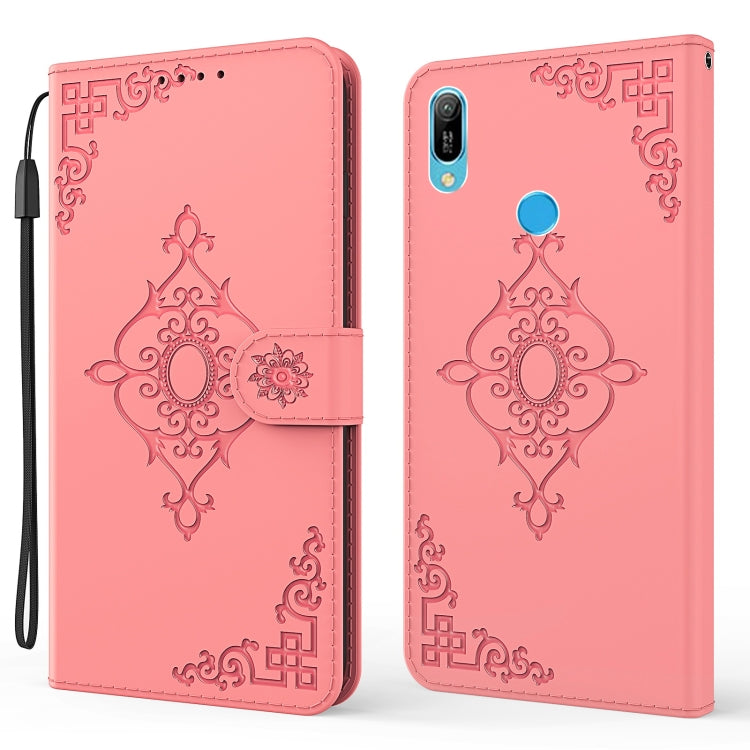 For Huawei Y6 (2019) Embossed Fortune Flower Pattern Horizontal Flip Leather Case with Holder & Card Slot & Wallet & Lanyard