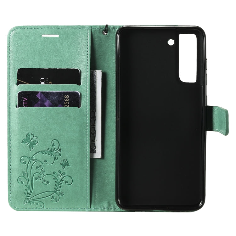 For Samsung Galaxy S21 FE Pressed Printing Butterfly Pattern Horizontal Flip PU Leather Case with Holder & Card Slots & Wallet & Lanyard