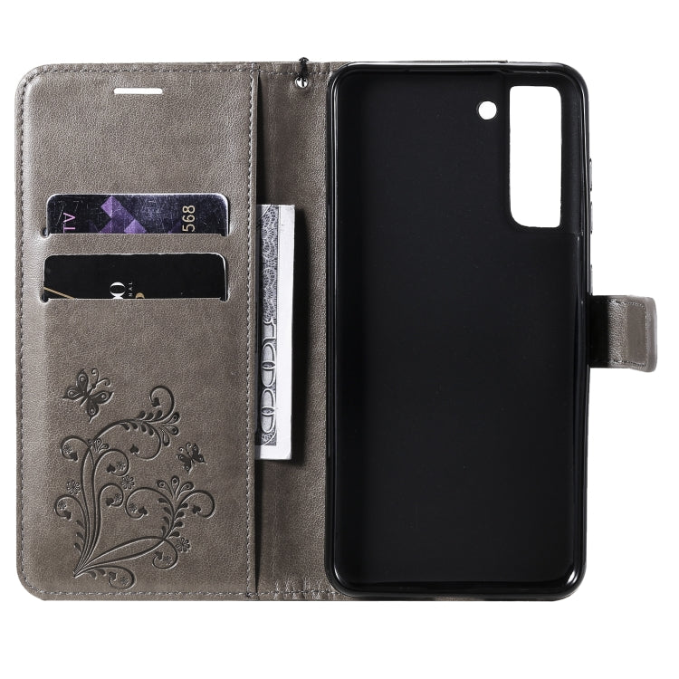 For Samsung Galaxy S21 FE Pressed Printing Butterfly Pattern Horizontal Flip PU Leather Case with Holder & Card Slots & Wallet & Lanyard