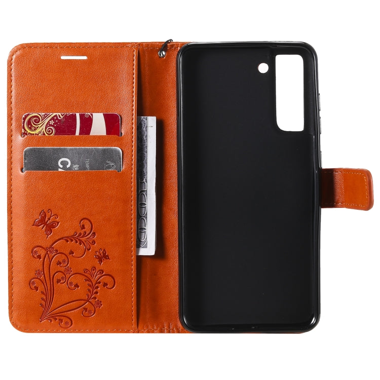 For Samsung Galaxy S21 FE Pressed Printing Butterfly Pattern Horizontal Flip PU Leather Case with Holder & Card Slots & Wallet & Lanyard