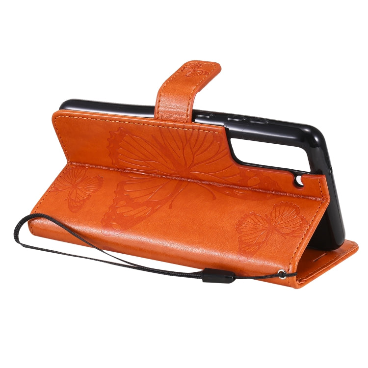 For Samsung Galaxy S21 FE Pressed Printing Butterfly Pattern Horizontal Flip PU Leather Case with Holder & Card Slots & Wallet & Lanyard