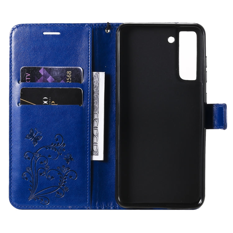 For Samsung Galaxy S21 FE Pressed Printing Butterfly Pattern Horizontal Flip PU Leather Case with Holder & Card Slots & Wallet & Lanyard