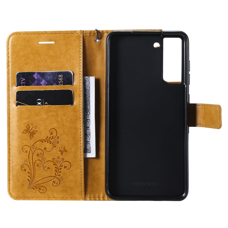 For Samsung Galaxy S21 FE Pressed Printing Butterfly Pattern Horizontal Flip PU Leather Case with Holder & Card Slots & Wallet & Lanyard