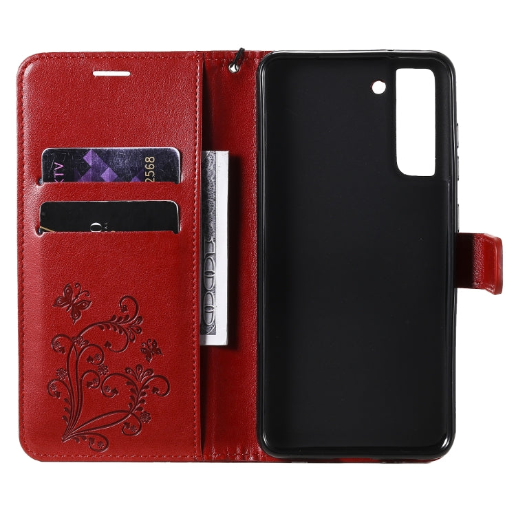 For Samsung Galaxy S21 FE Pressed Printing Butterfly Pattern Horizontal Flip PU Leather Case with Holder & Card Slots & Wallet & Lanyard