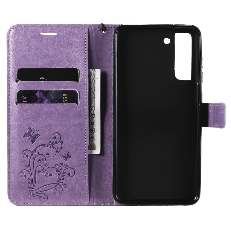 For Samsung Galaxy S21 FE Pressed Printing Butterfly Pattern Horizontal Flip PU Leather Case with Holder & Card Slots & Wallet & Lanyard