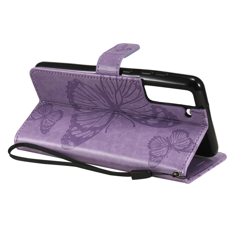 For Samsung Galaxy S21 FE Pressed Printing Butterfly Pattern Horizontal Flip PU Leather Case with Holder & Card Slots & Wallet & Lanyard