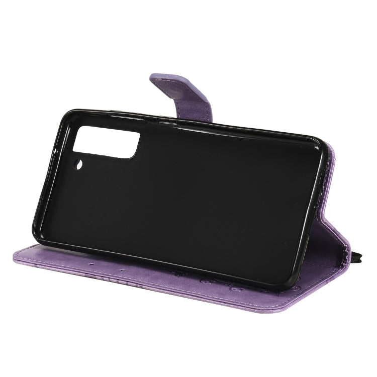 For Samsung Galaxy S21 FE Pressed Printing Butterfly Pattern Horizontal Flip PU Leather Case with Holder & Card Slots & Wallet & Lanyard