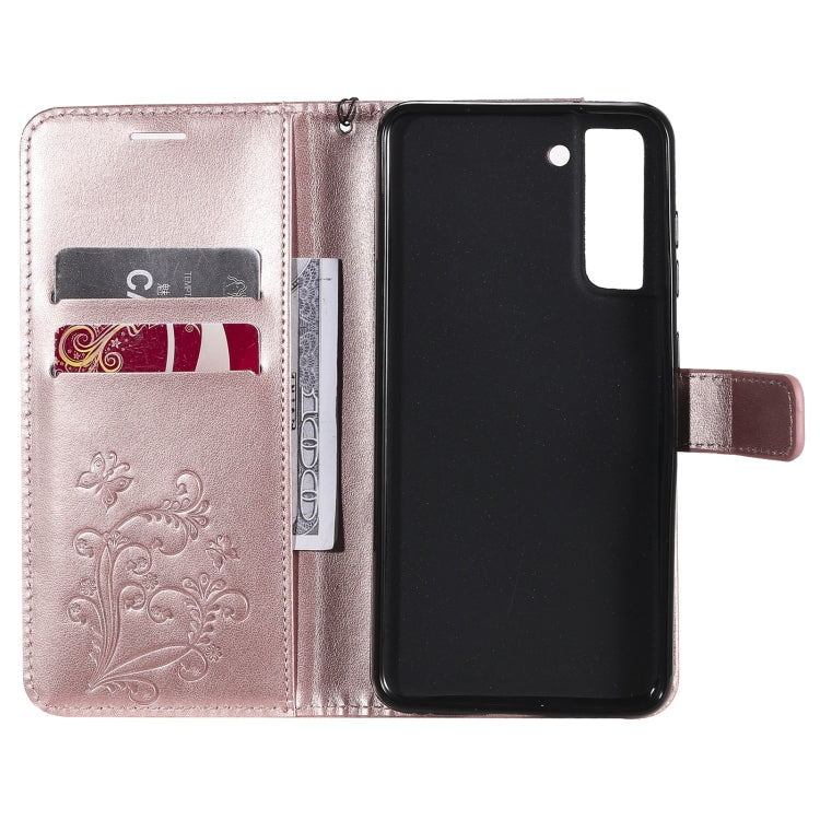 For Samsung Galaxy S21 FE Pressed Printing Butterfly Pattern Horizontal Flip PU Leather Case with Holder & Card Slots & Wallet & Lanyard