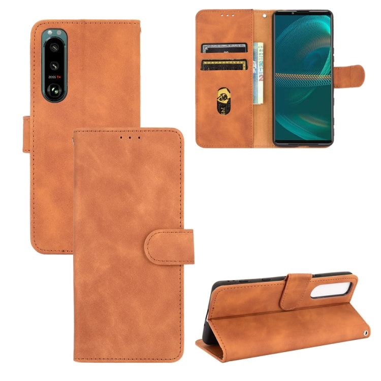 For Sony Xperia 5 III Solid Color Skin Feel Magnetic Buckle Horizontal Flip Calf Texture PU Leather Case with Holder & Card Slots & Wallet