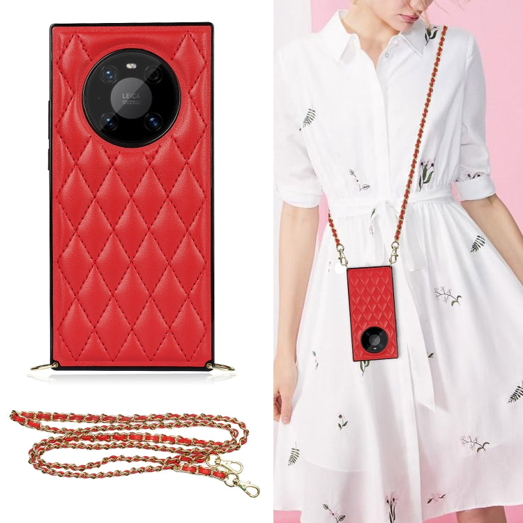 For Huawei Mate 40 Pro Elegant Rhombic Pattern Microfiber Leather +TPU Shockproof Case with Crossbody Strap Chain