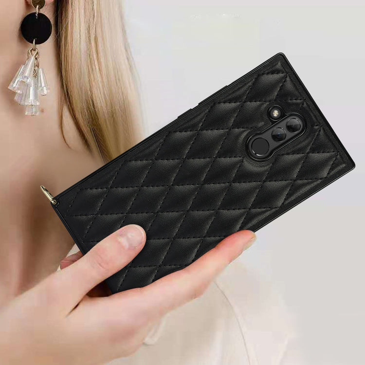 For Huawei Mate 20 Lite Elegant Rhombic Pattern Microfiber Leather +TPU Shockproof Case with Crossbody Strap Chain