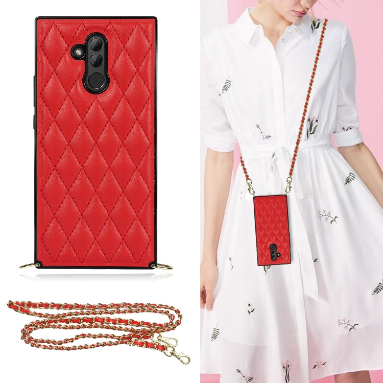 For Huawei Mate 20 Lite Elegant Rhombic Pattern Microfiber Leather +TPU Shockproof Case with Crossbody Strap Chain