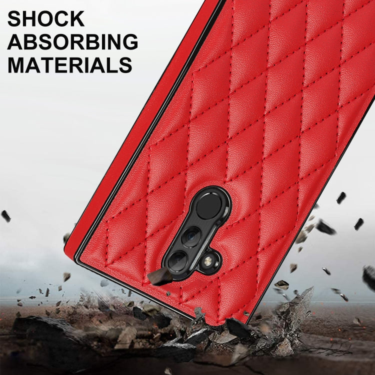 For Huawei Mate 20 Lite Elegant Rhombic Pattern Microfiber Leather +TPU Shockproof Case with Crossbody Strap Chain