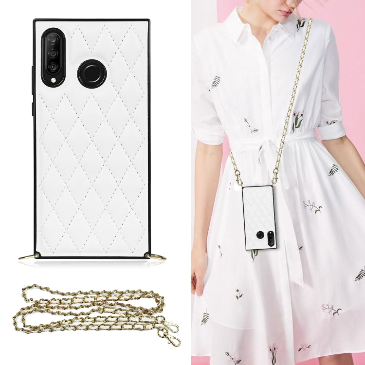 For Huawei P30 Lite Elegant Rhombic Pattern Microfiber Leather +TPU Shockproof Case with Crossbody Strap Chain