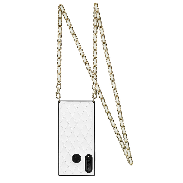 For Huawei P30 Lite Elegant Rhombic Pattern Microfiber Leather +TPU Shockproof Case with Crossbody Strap Chain