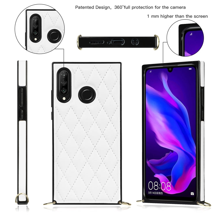 For Huawei P30 Lite Elegant Rhombic Pattern Microfiber Leather +TPU Shockproof Case with Crossbody Strap Chain