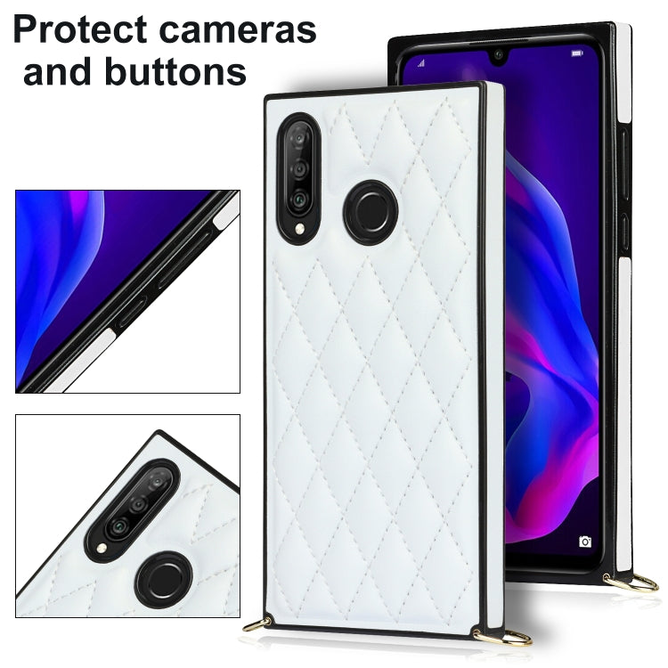 For Huawei P30 Lite Elegant Rhombic Pattern Microfiber Leather +TPU Shockproof Case with Crossbody Strap Chain