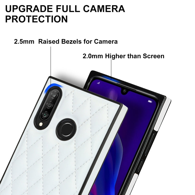 For Huawei P30 Lite Elegant Rhombic Pattern Microfiber Leather +TPU Shockproof Case with Crossbody Strap Chain