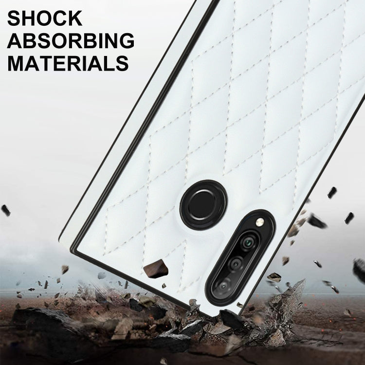 For Huawei P30 Lite Elegant Rhombic Pattern Microfiber Leather +TPU Shockproof Case with Crossbody Strap Chain