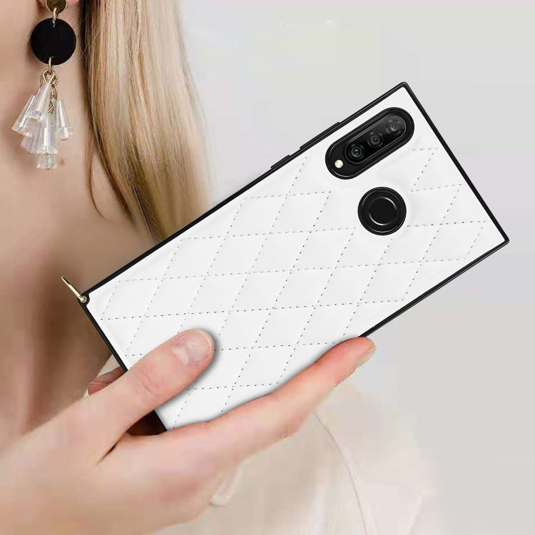 For Huawei P30 Lite Elegant Rhombic Pattern Microfiber Leather +TPU Shockproof Case with Crossbody Strap Chain