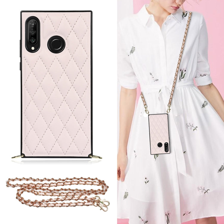 For Huawei P30 Lite Elegant Rhombic Pattern Microfiber Leather +TPU Shockproof Case with Crossbody Strap Chain