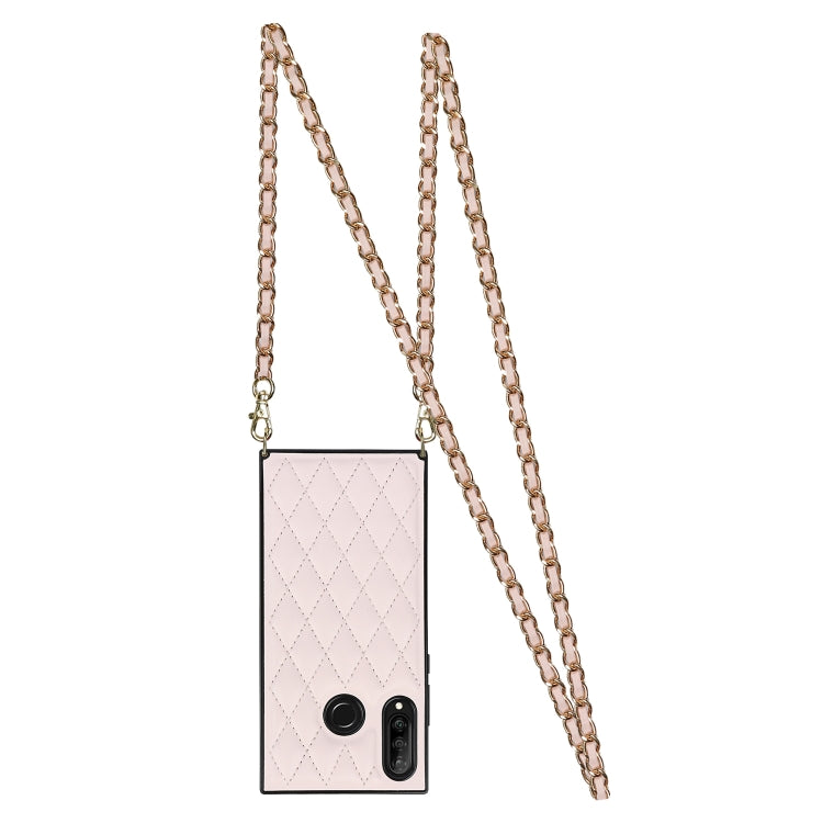 For Huawei P30 Lite Elegant Rhombic Pattern Microfiber Leather +TPU Shockproof Case with Crossbody Strap Chain