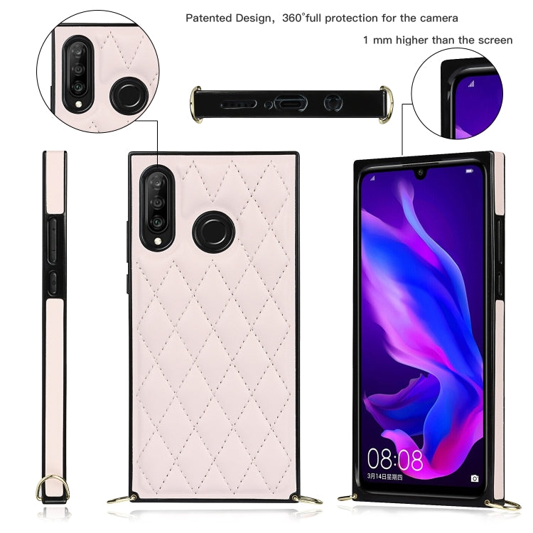 For Huawei P30 Lite Elegant Rhombic Pattern Microfiber Leather +TPU Shockproof Case with Crossbody Strap Chain