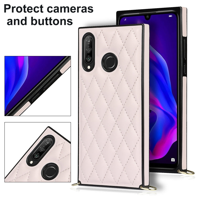For Huawei P30 Lite Elegant Rhombic Pattern Microfiber Leather +TPU Shockproof Case with Crossbody Strap Chain