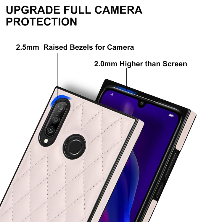 For Huawei P30 Lite Elegant Rhombic Pattern Microfiber Leather +TPU Shockproof Case with Crossbody Strap Chain