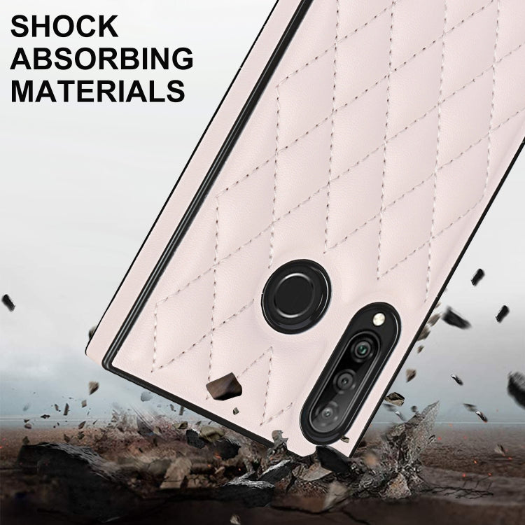For Huawei P30 Lite Elegant Rhombic Pattern Microfiber Leather +TPU Shockproof Case with Crossbody Strap Chain