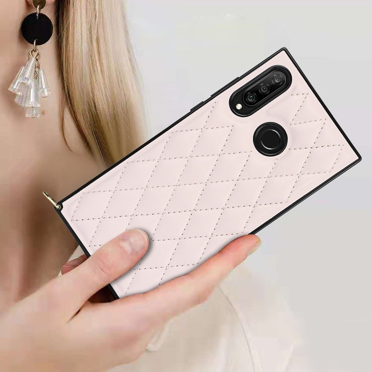 For Huawei P30 Lite Elegant Rhombic Pattern Microfiber Leather +TPU Shockproof Case with Crossbody Strap Chain