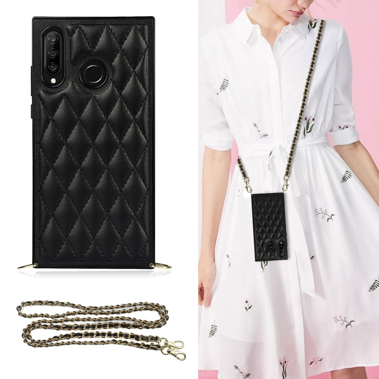 For Huawei P30 Lite Elegant Rhombic Pattern Microfiber Leather +TPU Shockproof Case with Crossbody Strap Chain
