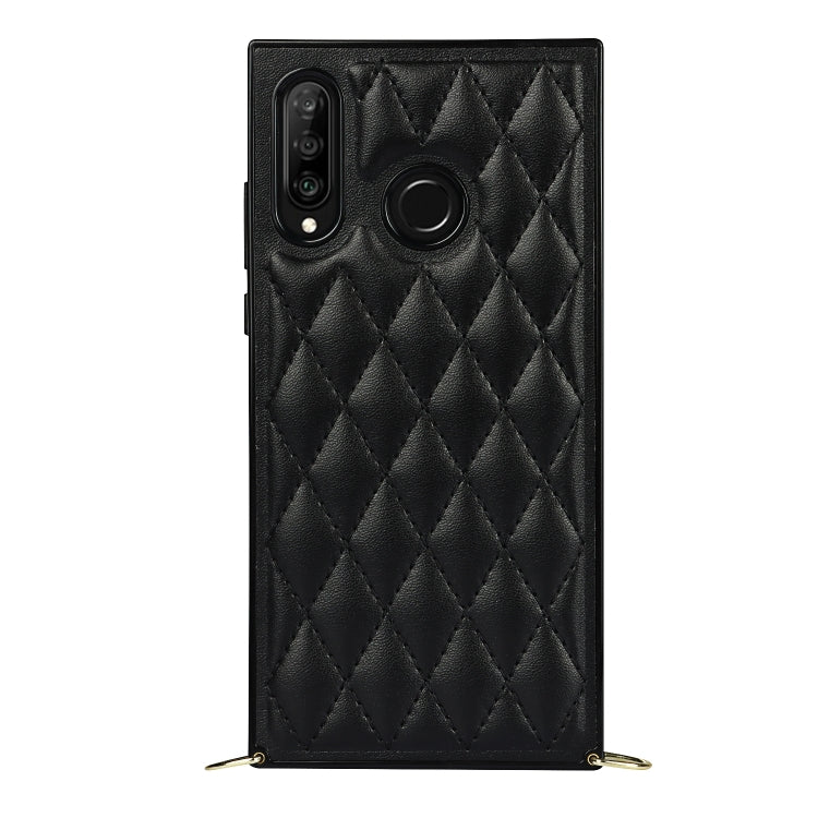 For Huawei P30 Lite Elegant Rhombic Pattern Microfiber Leather +TPU Shockproof Case with Crossbody Strap Chain