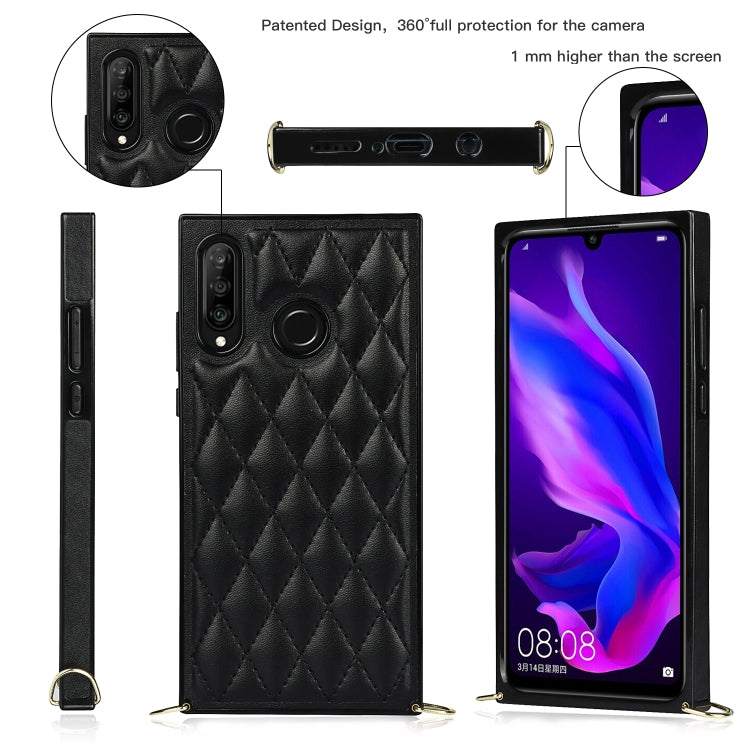 For Huawei P30 Lite Elegant Rhombic Pattern Microfiber Leather +TPU Shockproof Case with Crossbody Strap Chain