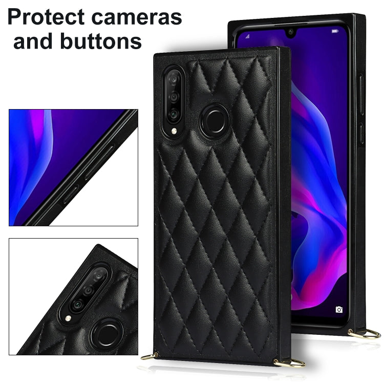 For Huawei P30 Lite Elegant Rhombic Pattern Microfiber Leather +TPU Shockproof Case with Crossbody Strap Chain
