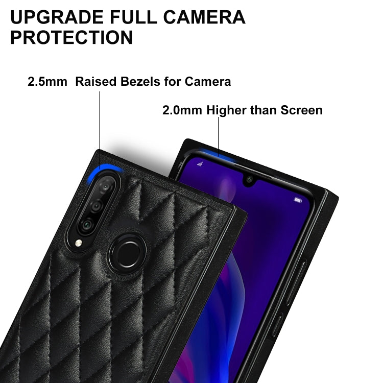 For Huawei P30 Lite Elegant Rhombic Pattern Microfiber Leather +TPU Shockproof Case with Crossbody Strap Chain